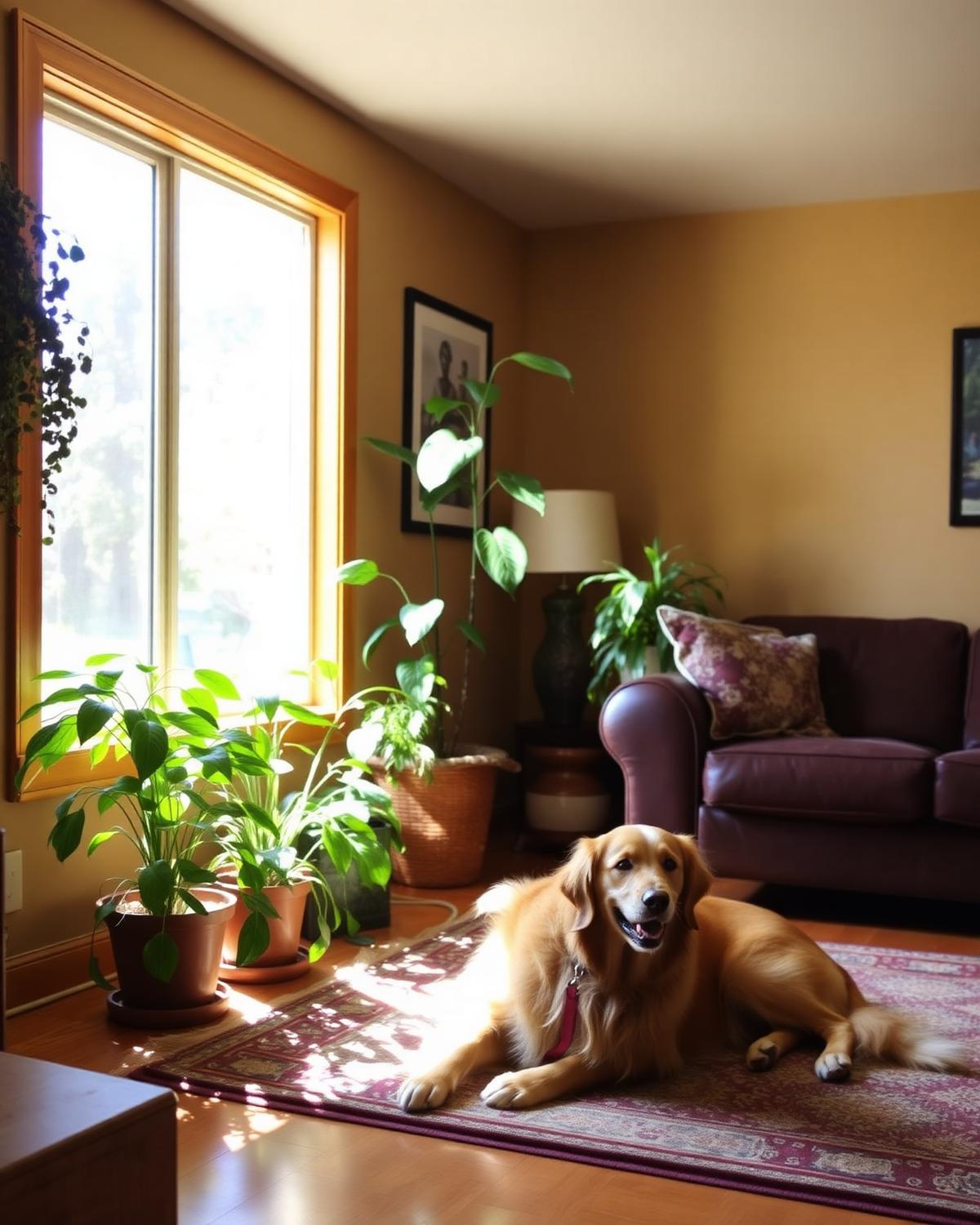 A sunlit Sierra foothills living room with houseplants and a golden retriever